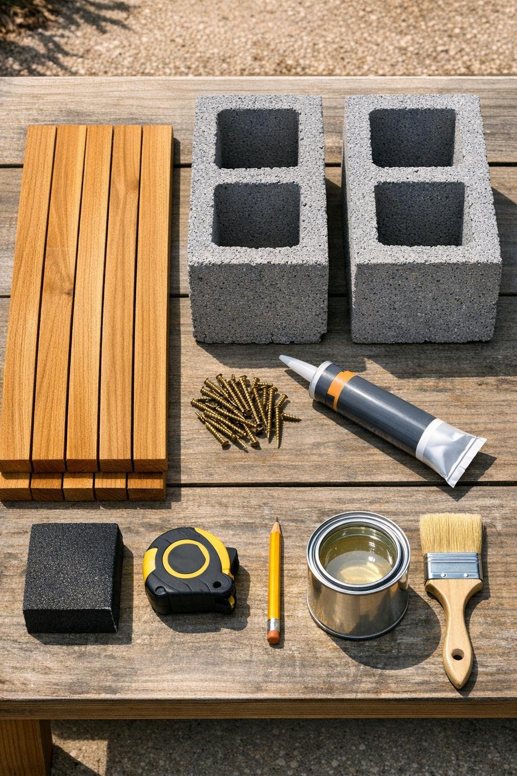 Materials for a cedar slat and cinder block patio plant stand