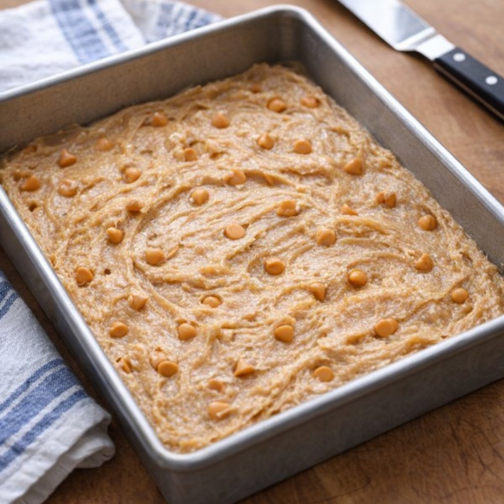 Unbaked butterscotch bar batter in a baking pan