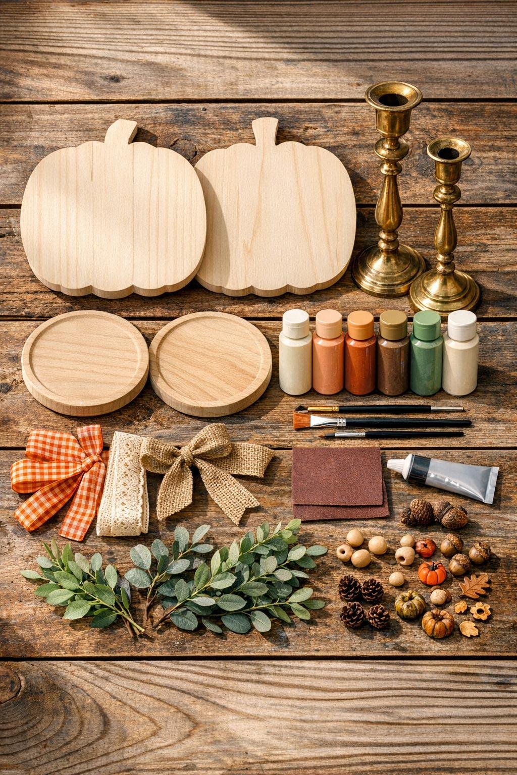 Materials for the wooden pumpkin sign and brass candlestick autumn tray project