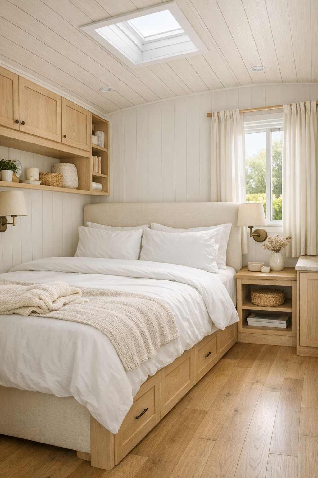 Serene tiny home bedroom with cream bedding, built-in storage, and soft layered textures