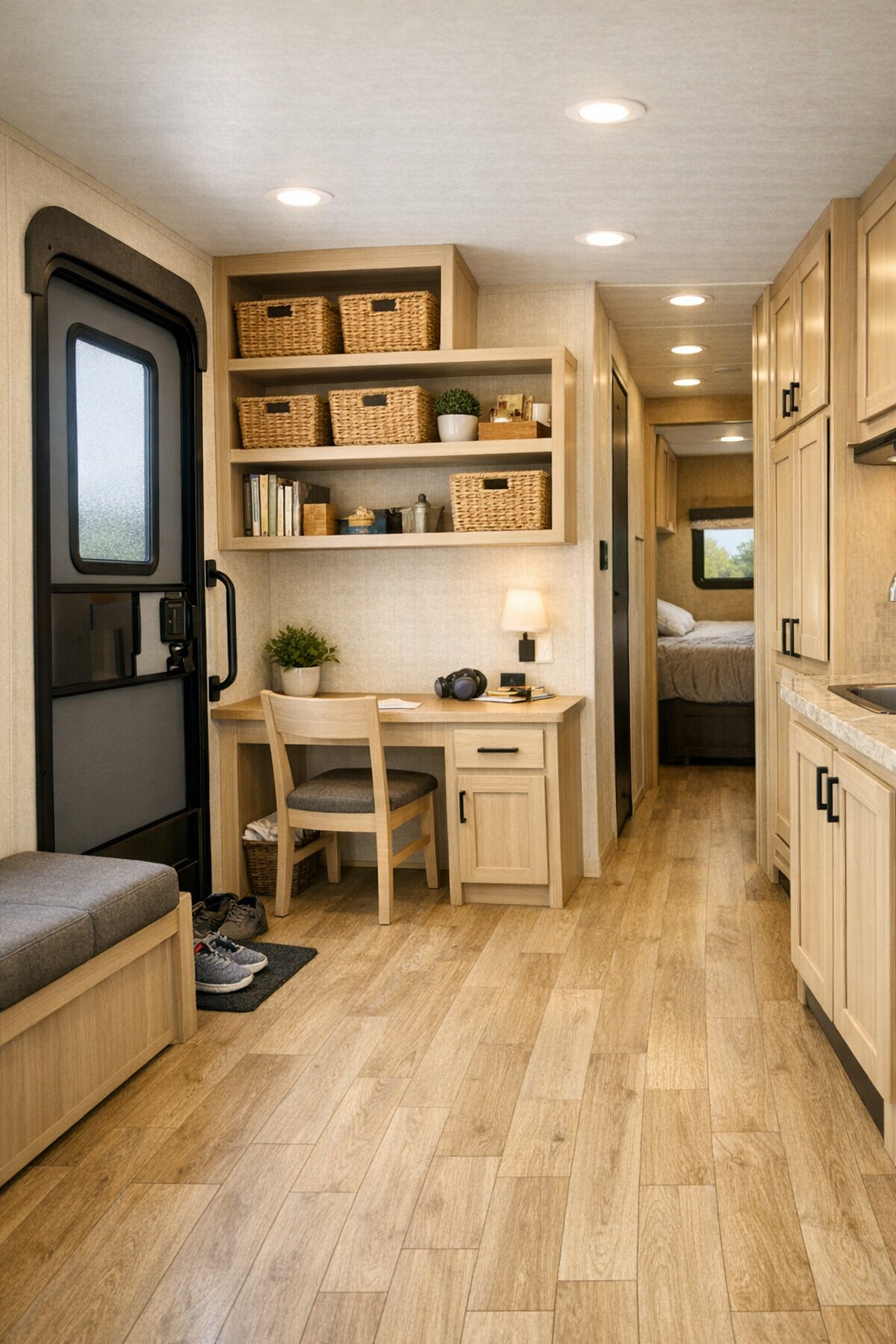 RV camper entry and multipurpose nook with built-in storage, pale wood desk, and open walkway