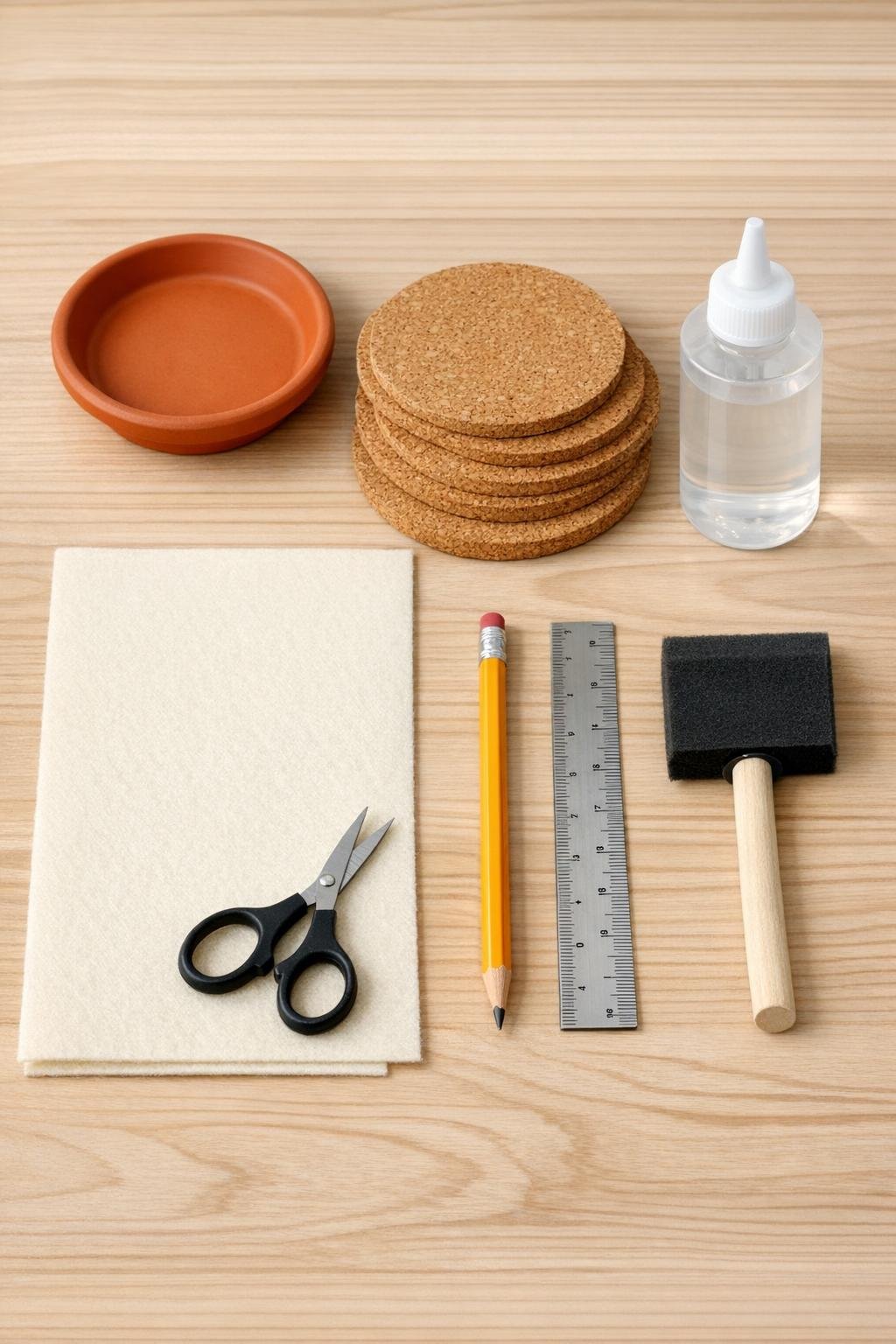 Materials for a cork coaster station laid out neatly