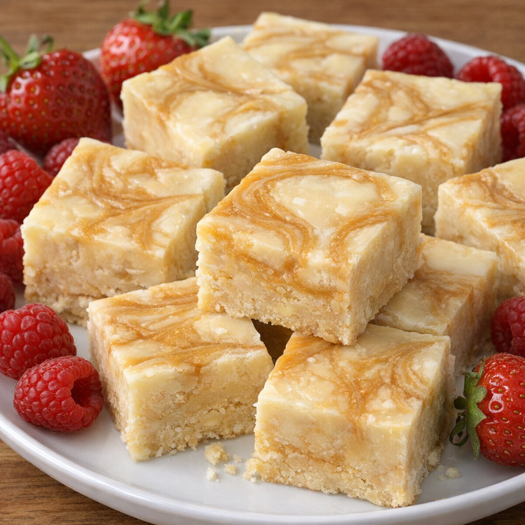 Cut fudge squares arranged on white platter with berries