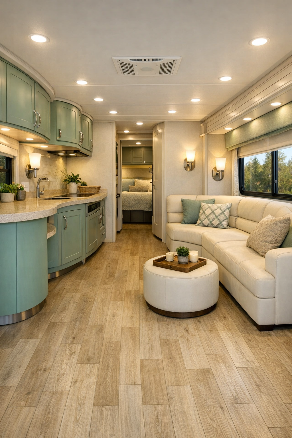 Bright accessible RV living room with seafoam accents and built-in sofa