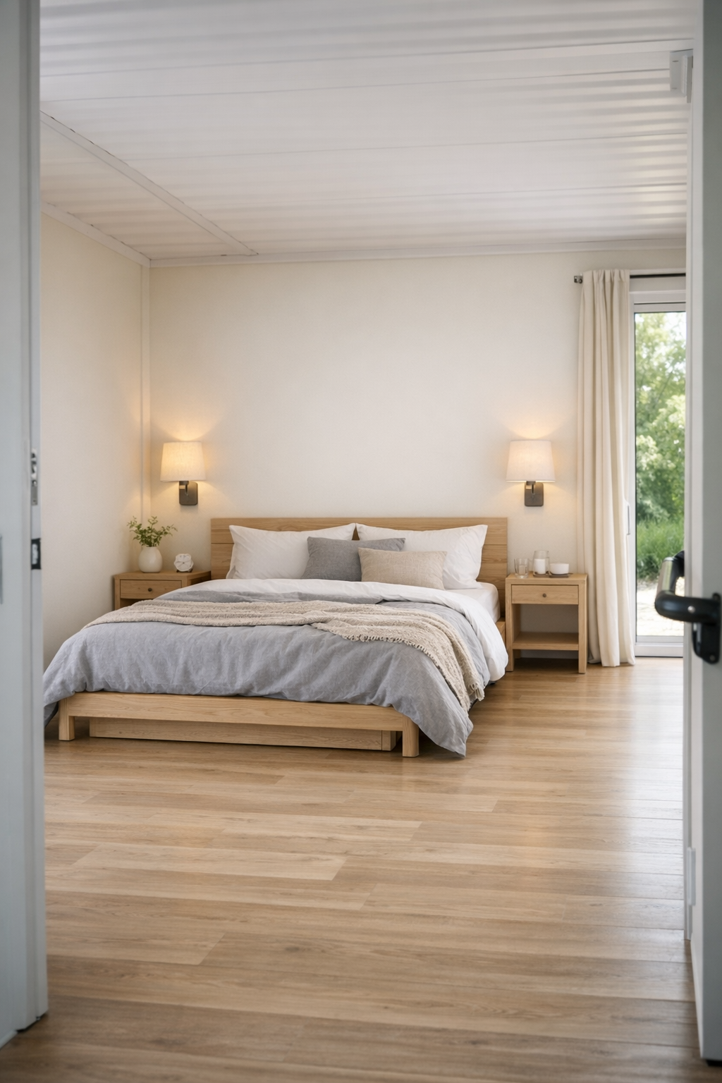 Calm bedroom with pale oak bed, white linens, and soft neutral textures