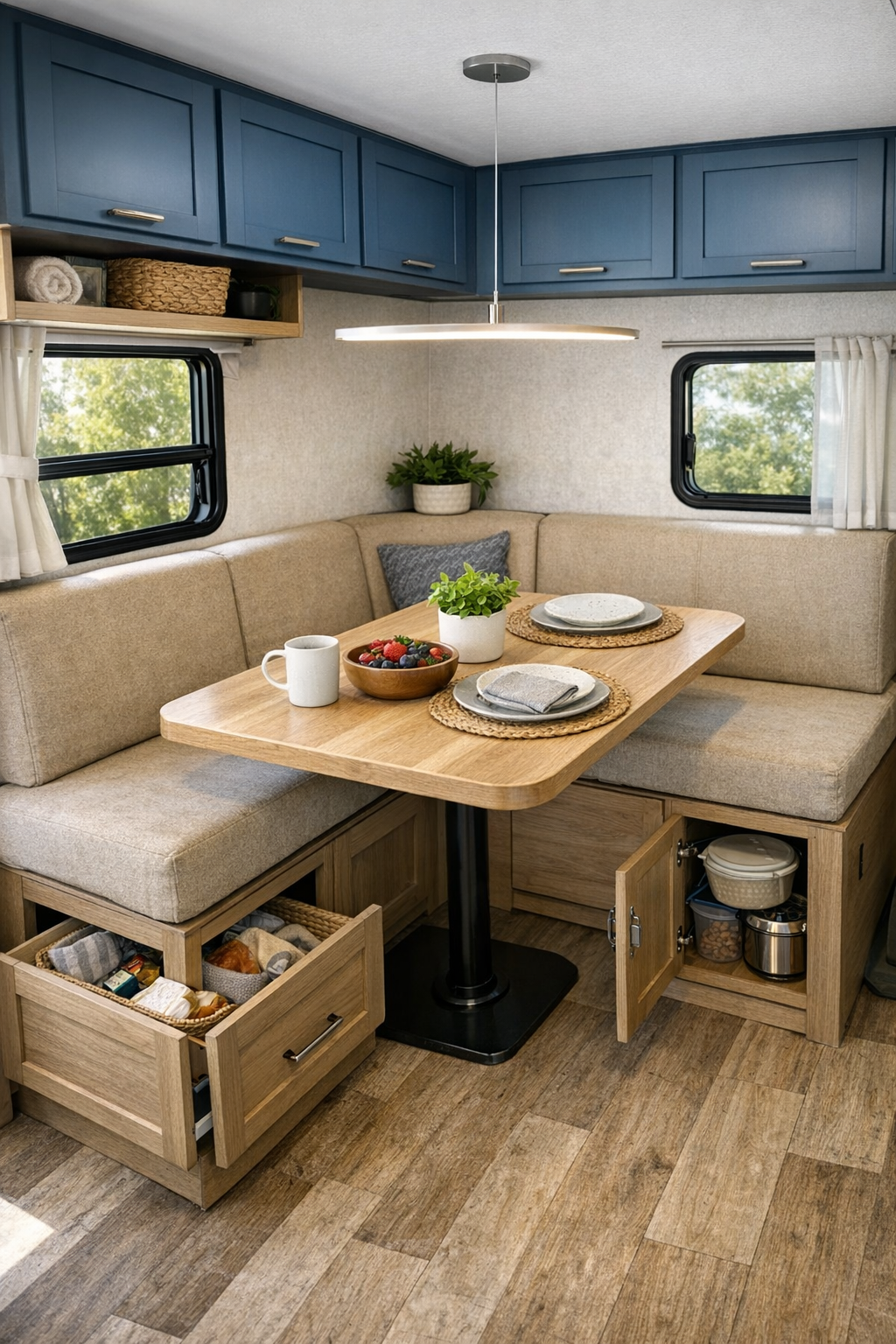 RV camper dining nook with built-in banquette and light oak table