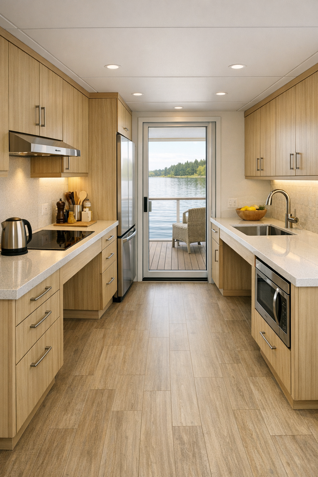 Accessible modern kitchen with light wood cabinetry on the houseboat