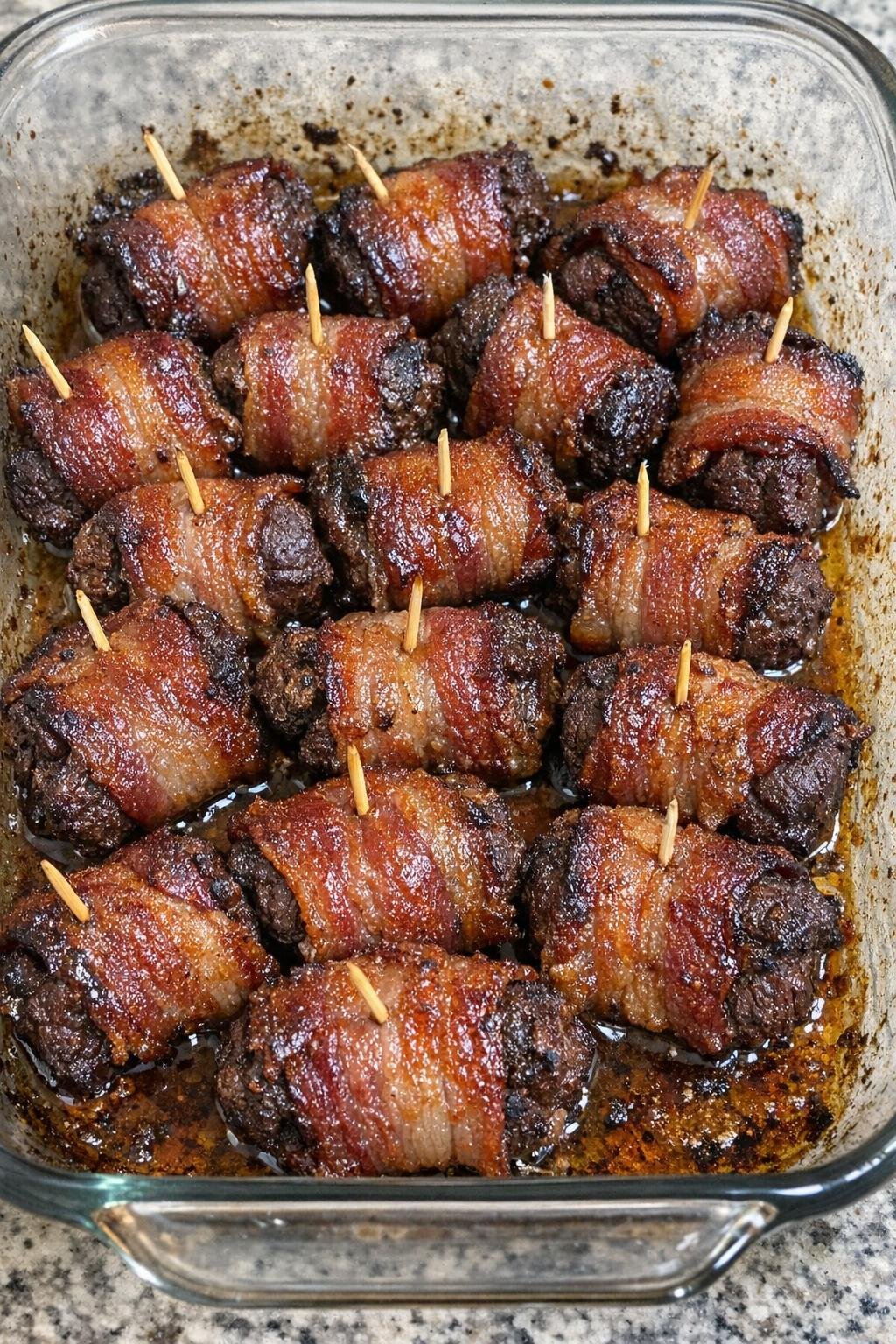 Close up of finished beef bacon wraps in a glass casserole dish