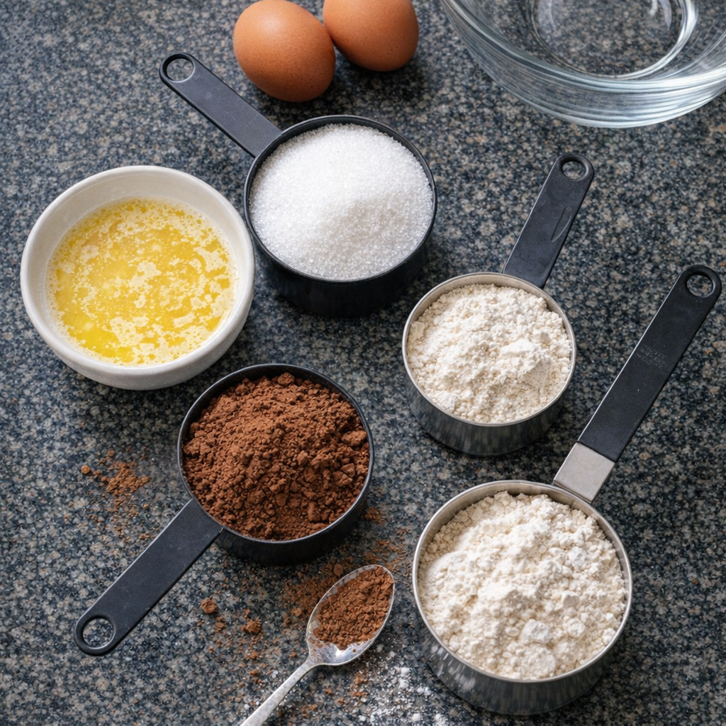 Simple brownie pie ingredients gathered in one bowl setup