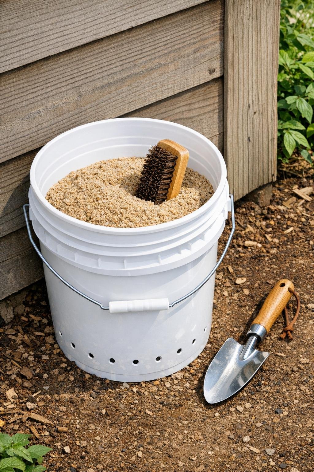 Finished bucket garden tool cleaning station with brush and sand
