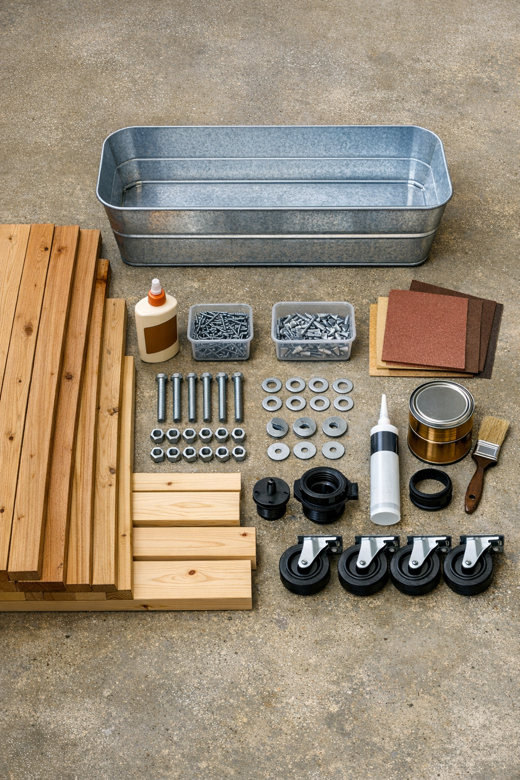 Materials for building a cedar patio ice table with a galvanized trough