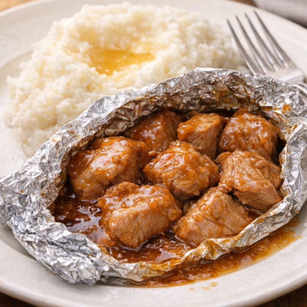 Opened apricot pork packet served with mashed potatoes