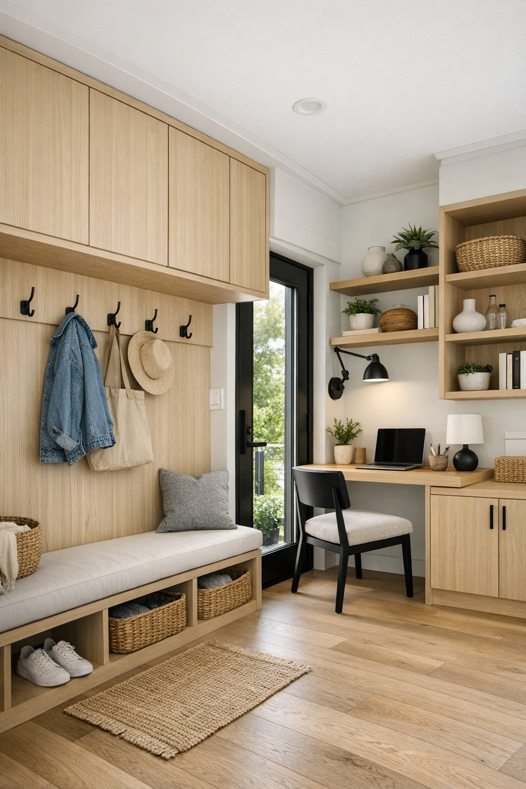 Smart entry and flex area with built-in bench, storage, and small work nook