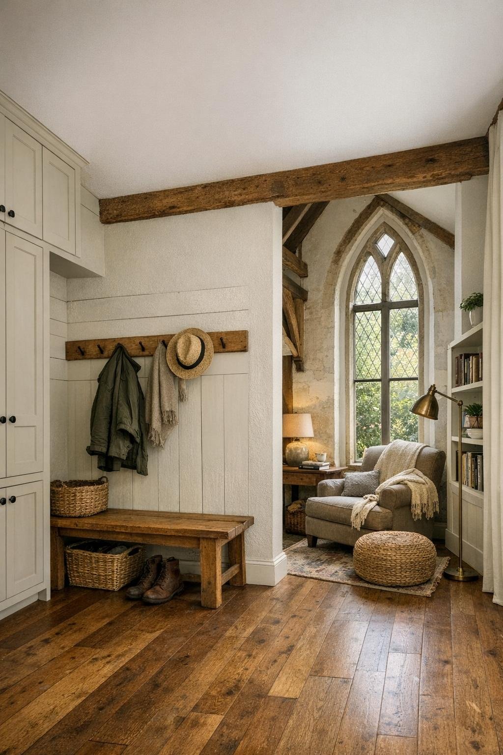 Other area with an entry nook, reading corner, and lofted cottage details inside the converted church