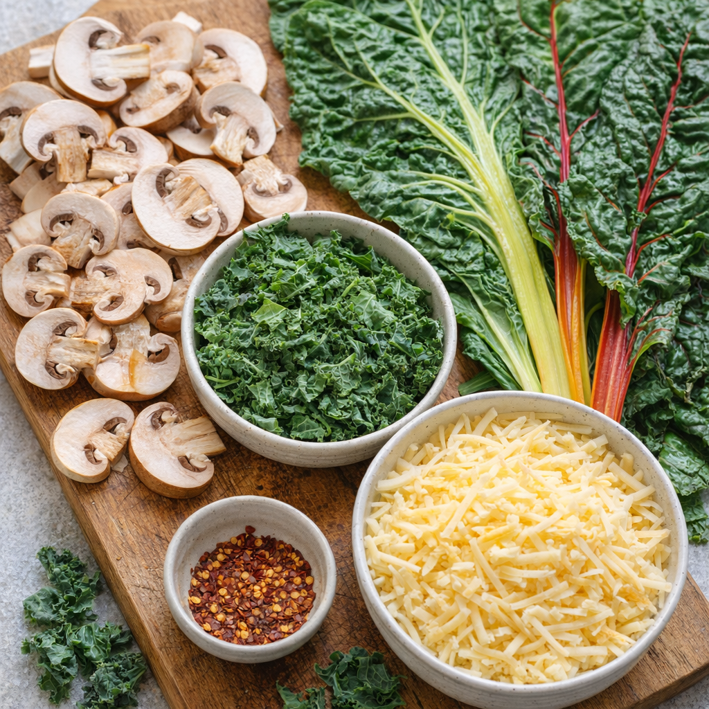 Variation ingredients including mushrooms and kale for gratin