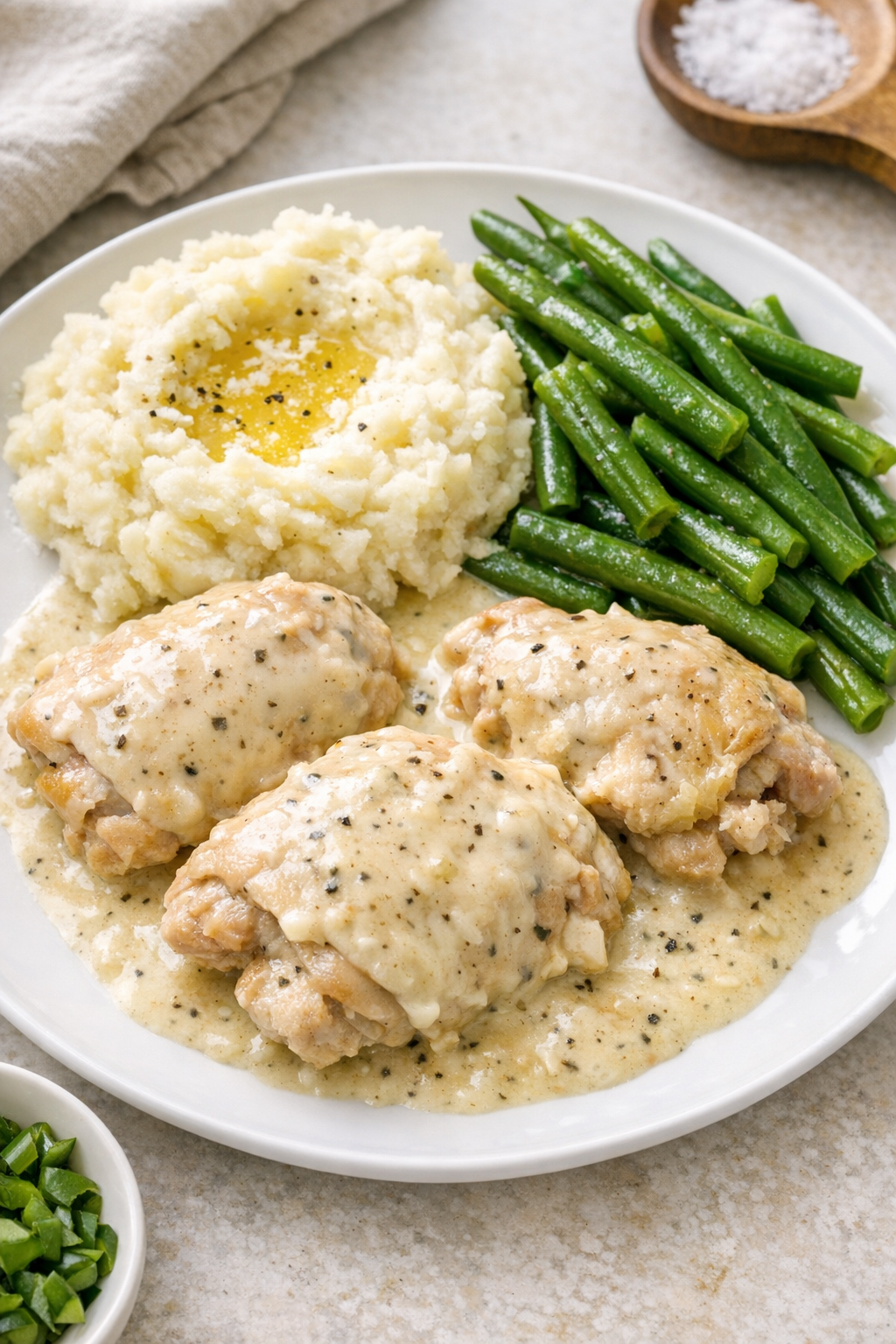 Finished plated creamy slow cooker chicken thighs with sauce