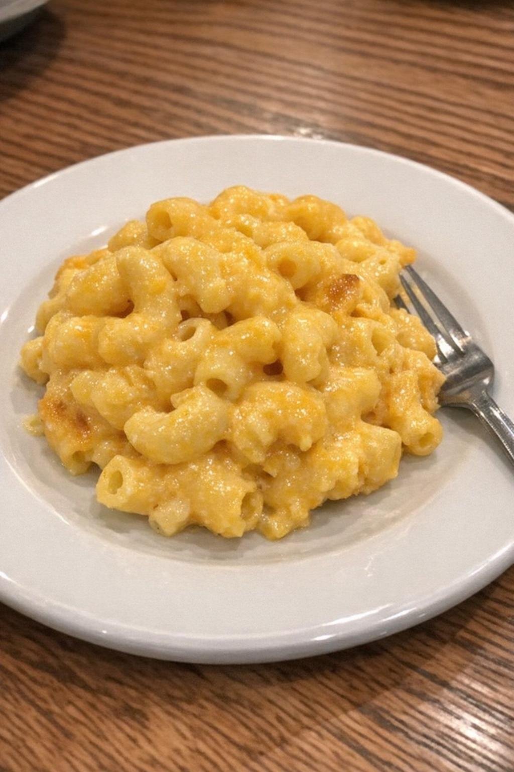 Single serving of slow cooker macaroni and cheese on a white plate
