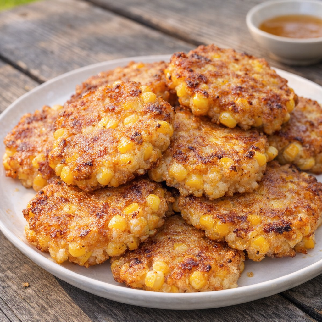 Golden sweet corn fritters stacked on a white plate