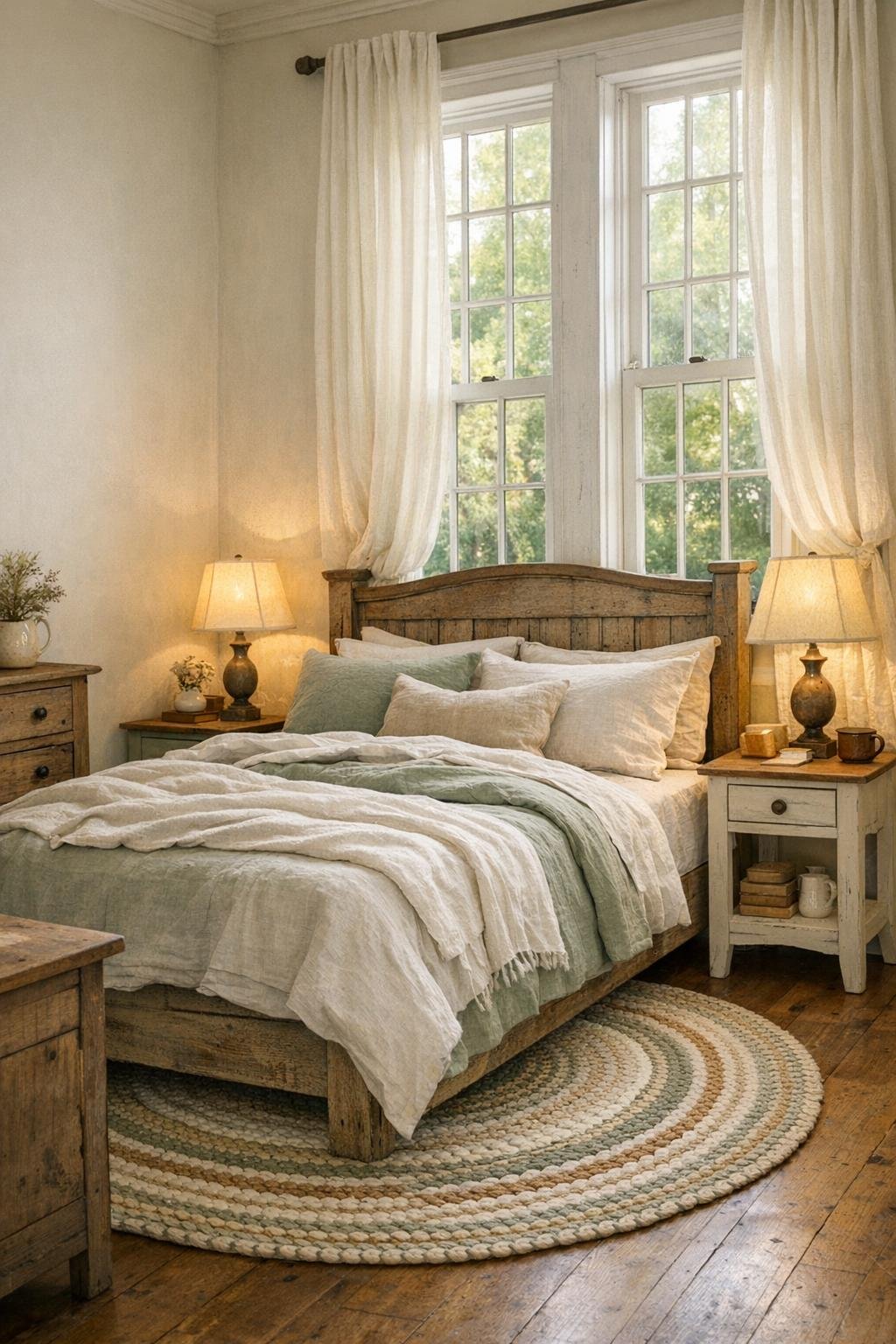 Peaceful cottage bedroom with layered linens and soft natural light