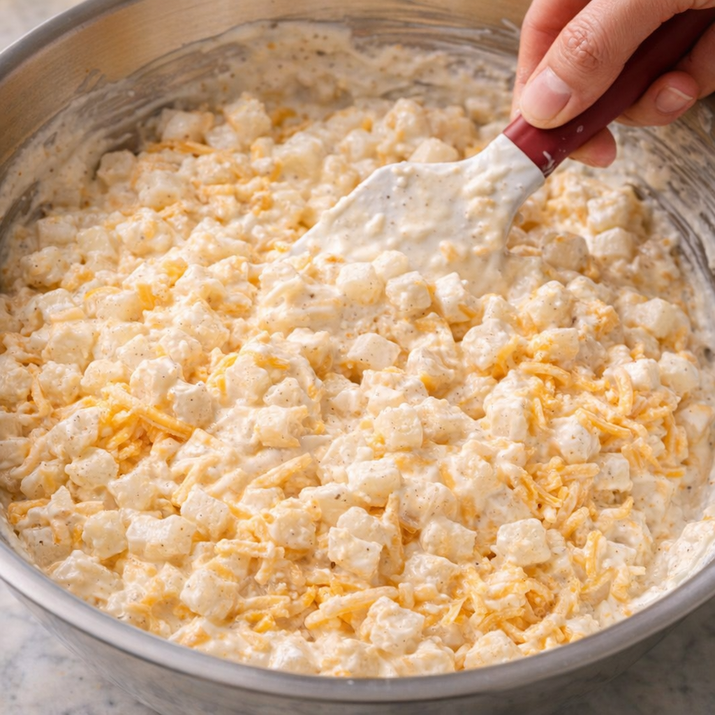 Hash browns and cheddar being mixed with seasoned cream