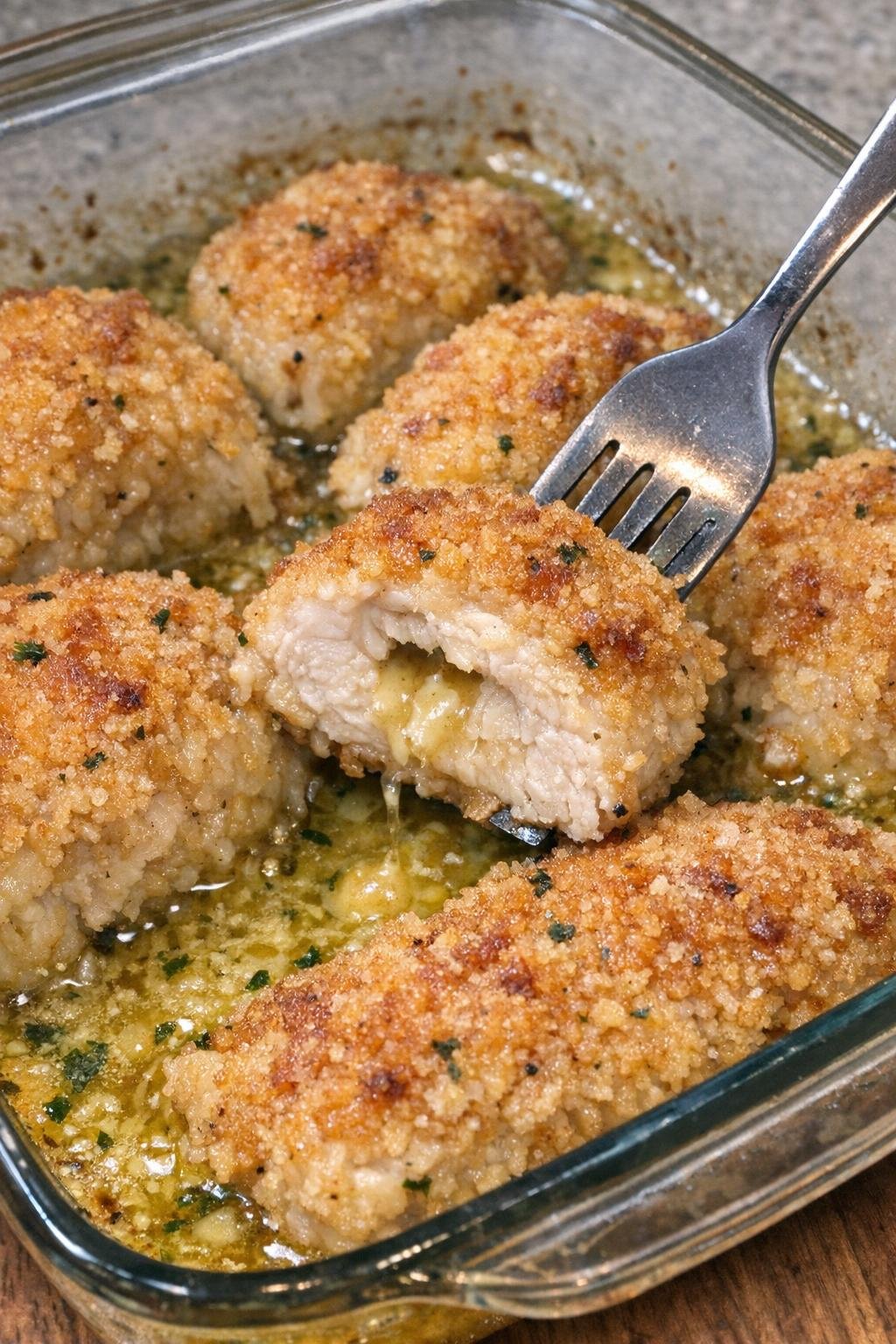Breaded chicken kiev bake in a rectangular baking dish