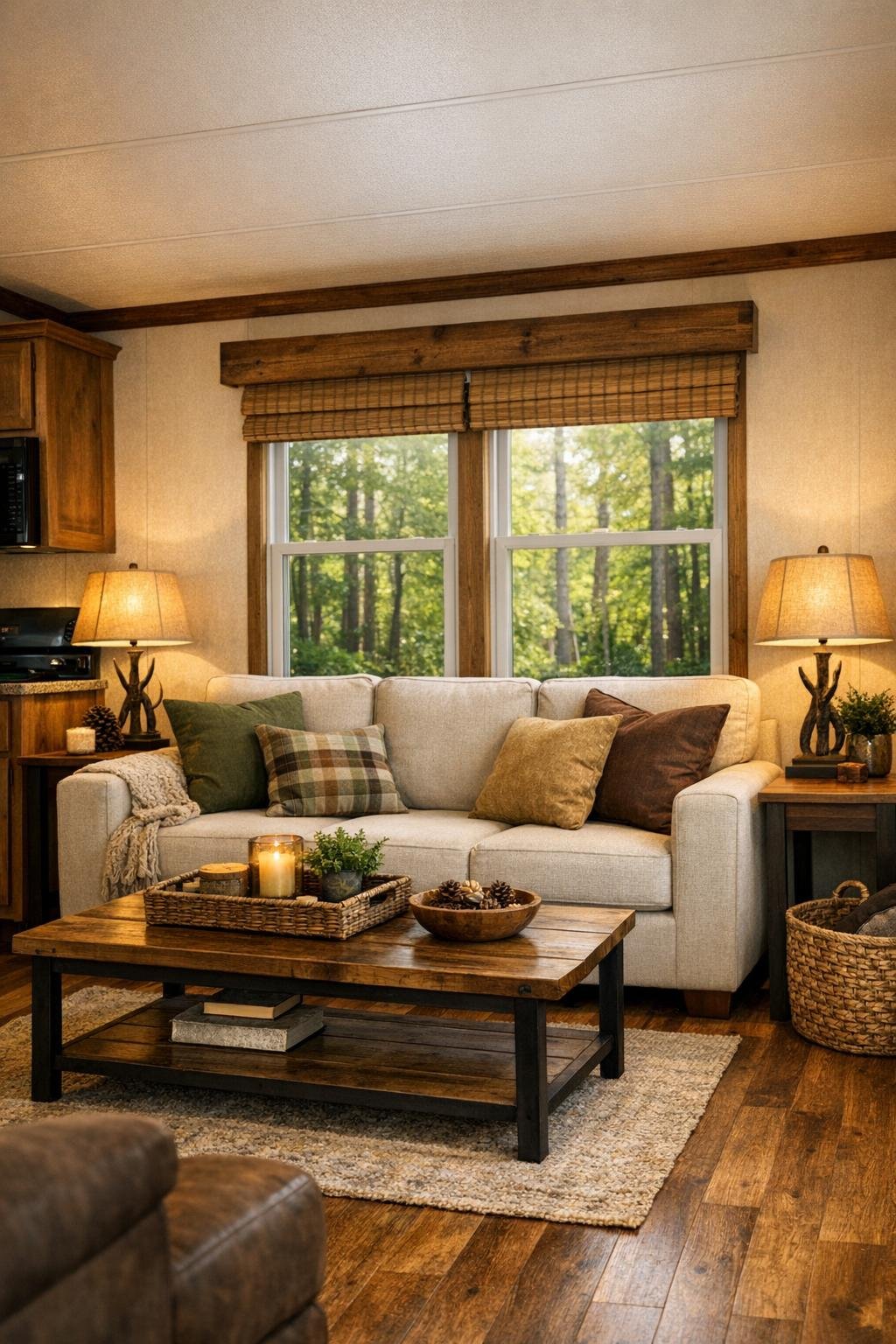 Rustic woodland RV living room with oatmeal sofa and green accents