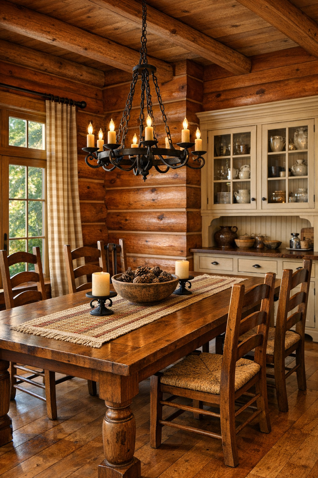 Rustic dining room with solid wood table and classic built-in hutch