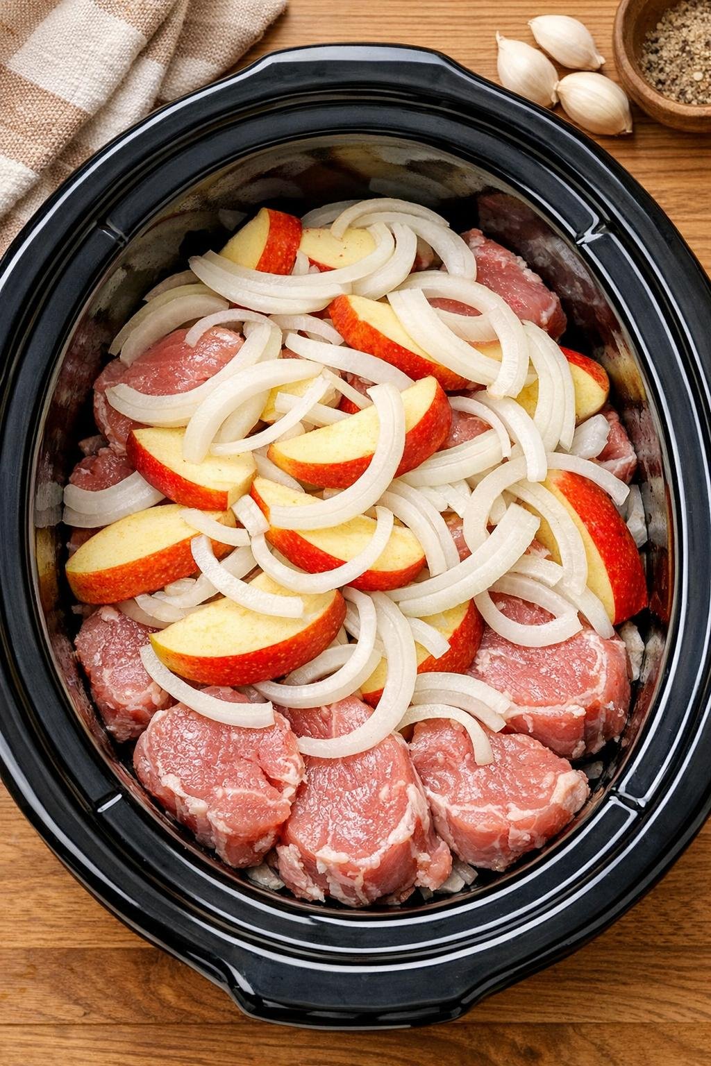Appels en ui toegevoegd aan varkensvlees in de slowcooker.