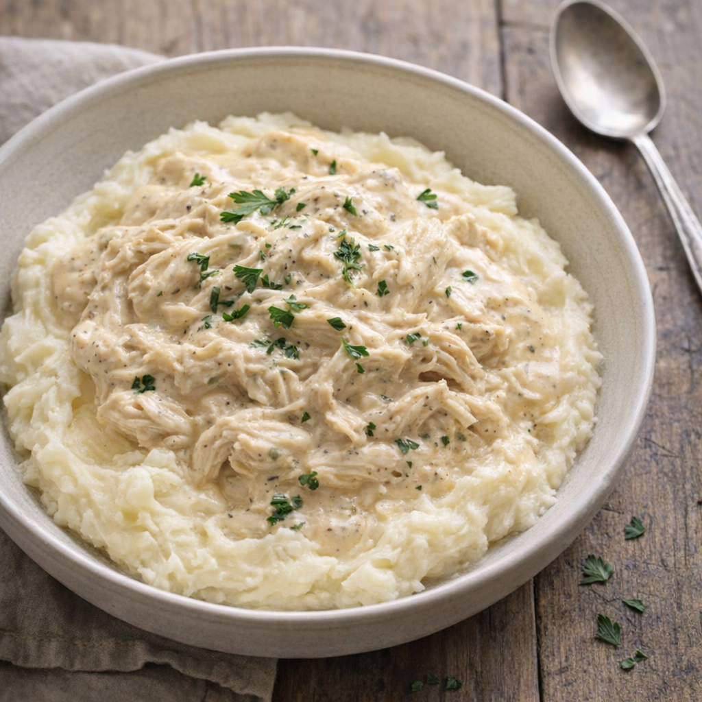 Slow cooker creamy ranch chicken served over mashed potatoes