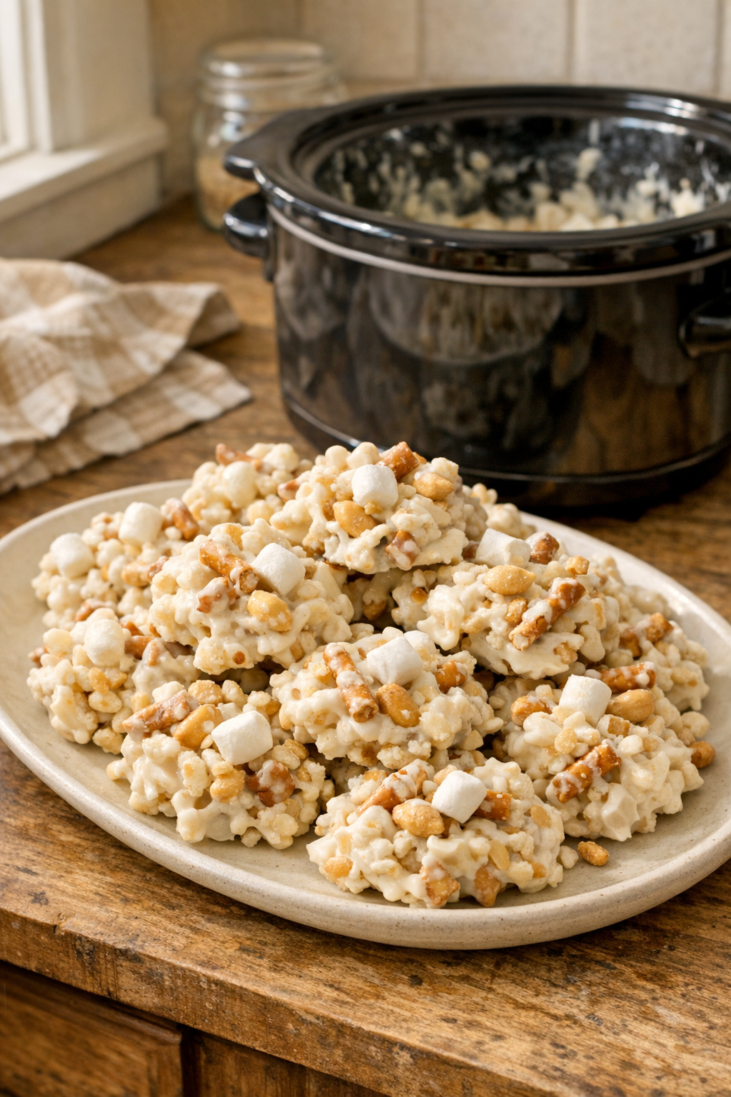 Finished white chocolate snack clusters on a serving plate