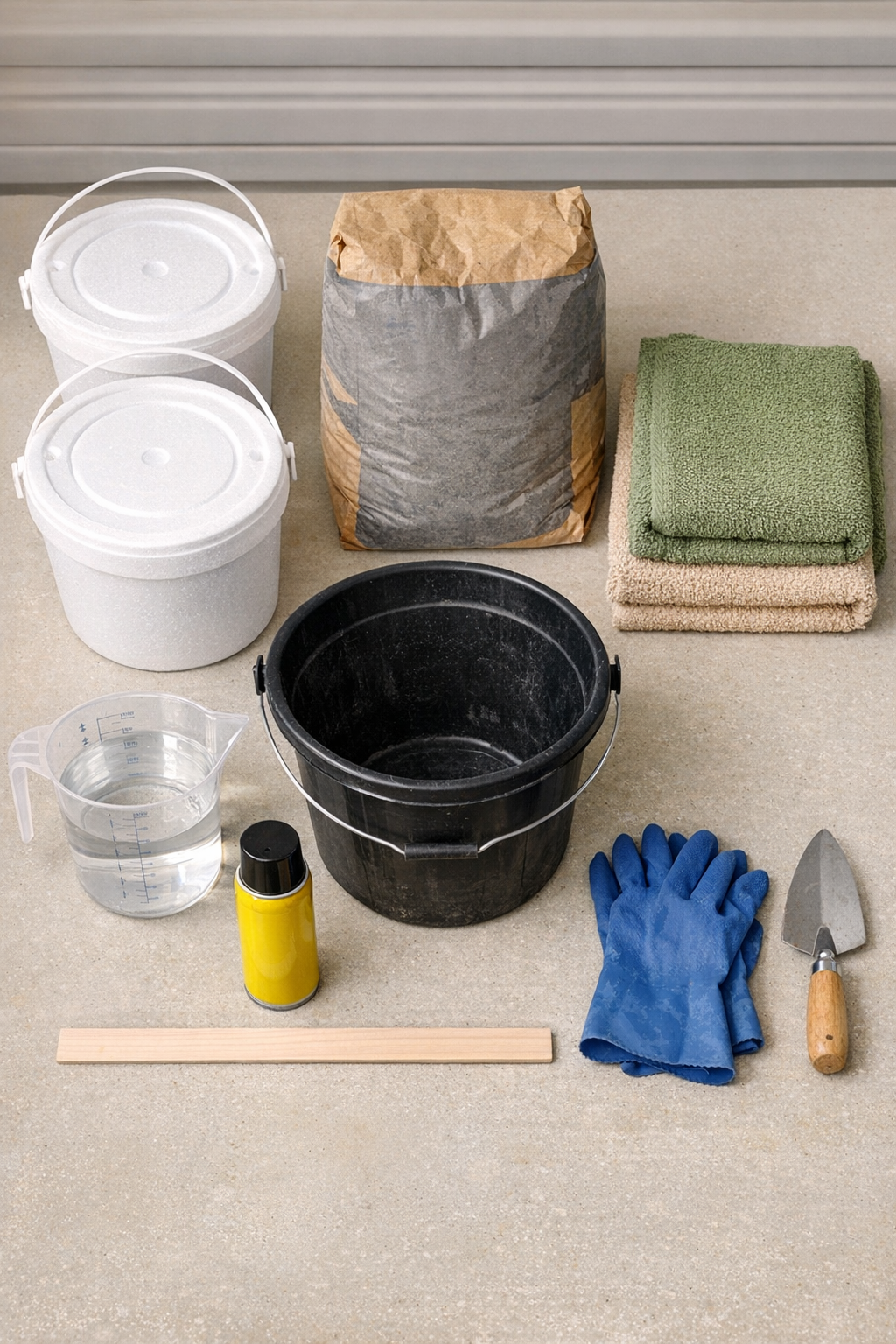 Materials for making textured cement yard blocks laid out on a work surface