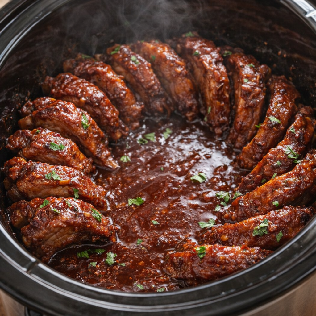Slow cooker pork ribs finished in glossy sauce