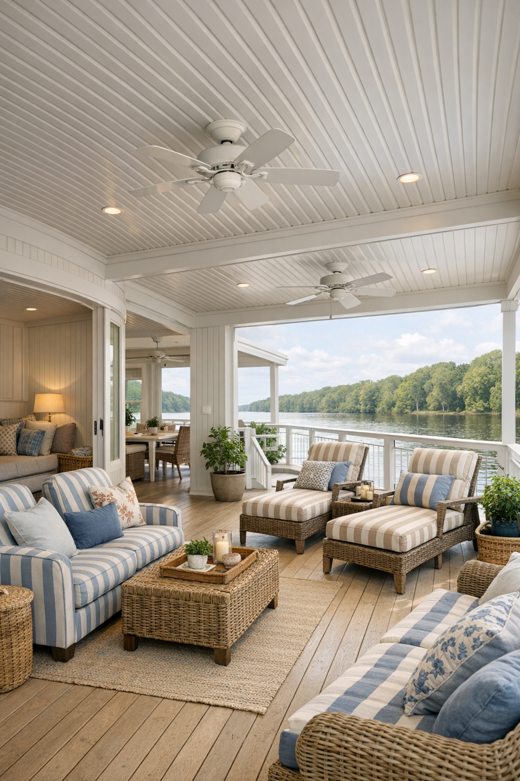 Upper sitting nook and covered deck with striped textiles, beadboard, and river views