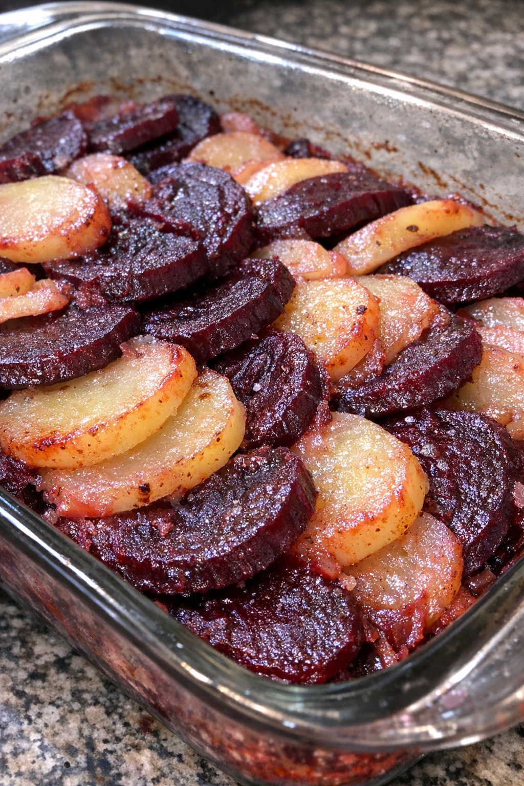 Layered baked potatoes and canned beets in a glass baking dish