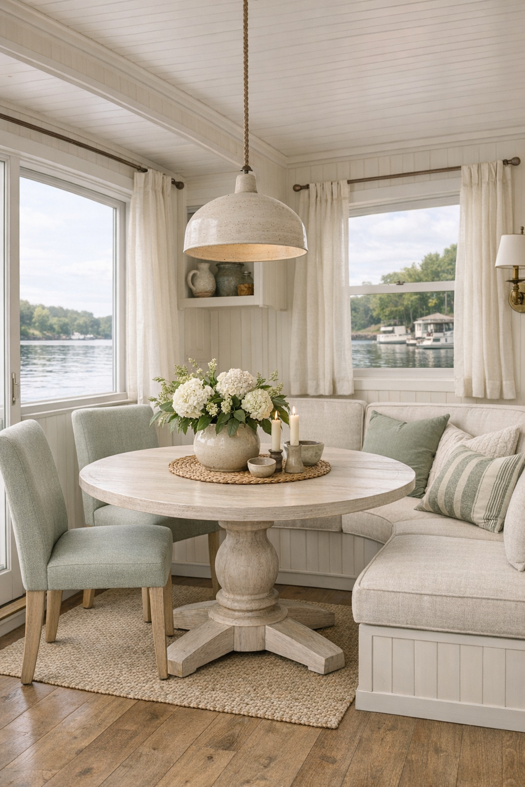 Cozy round dining area in a cottage houseboat with a whitewashed oak table, upholstered chairs, and water views
