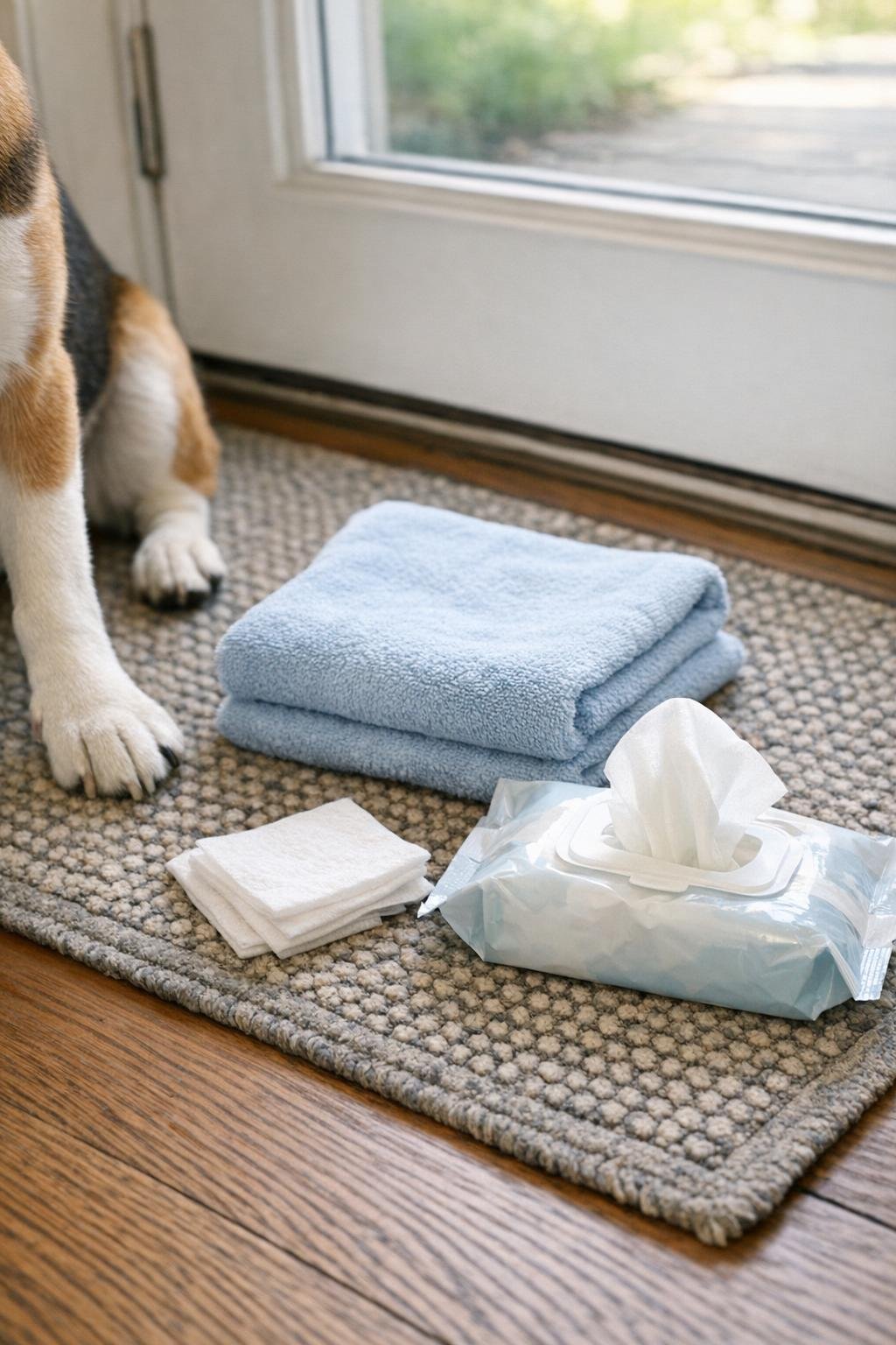 Dog paws being cleaned with a towel by the back door