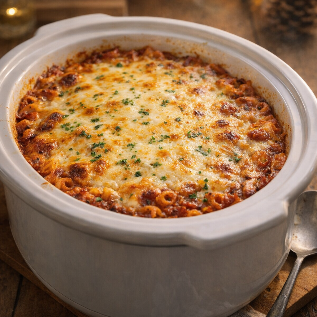 Ugnsbakad mostaccioli med gyllenbrun ost på toppen
