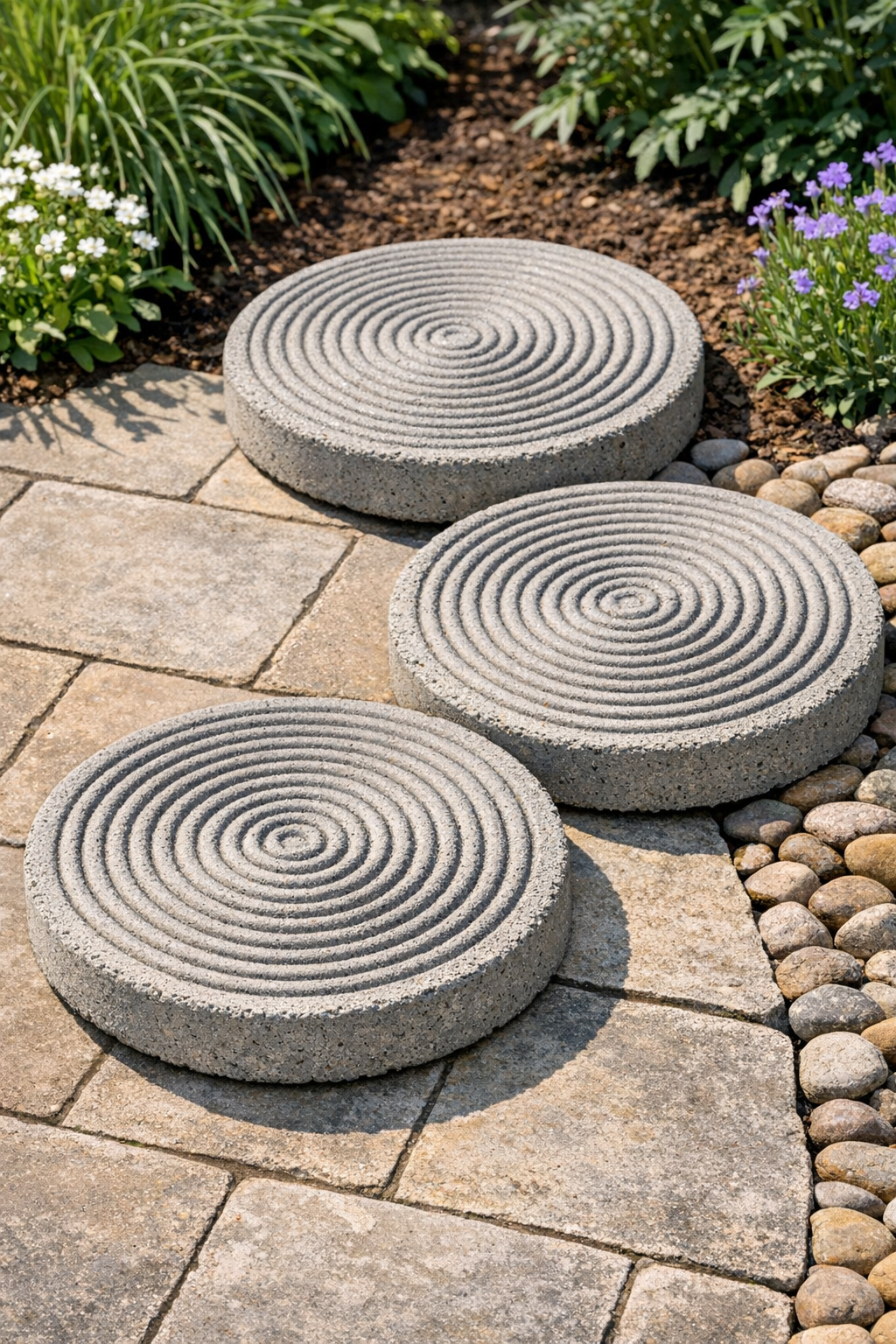 Finished ribbed cement patio slabs with textured circular pattern