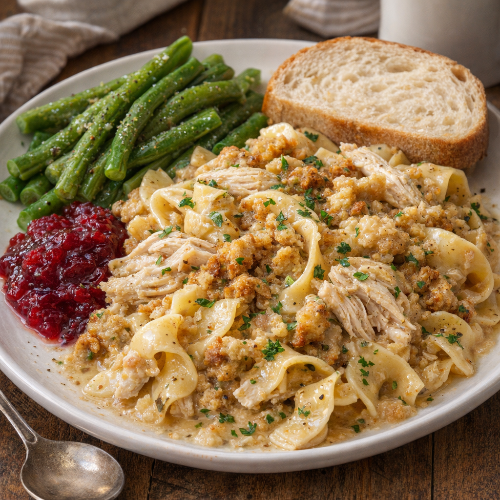 Midwestern supper plate with chicken noodles and simple sides