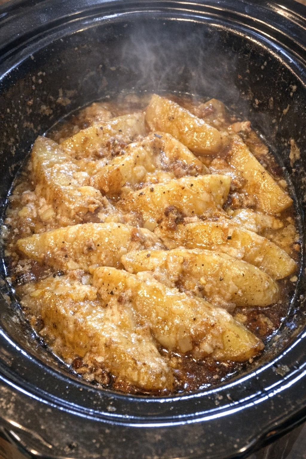 Slow cooker casserole with creamy golden potato wedges