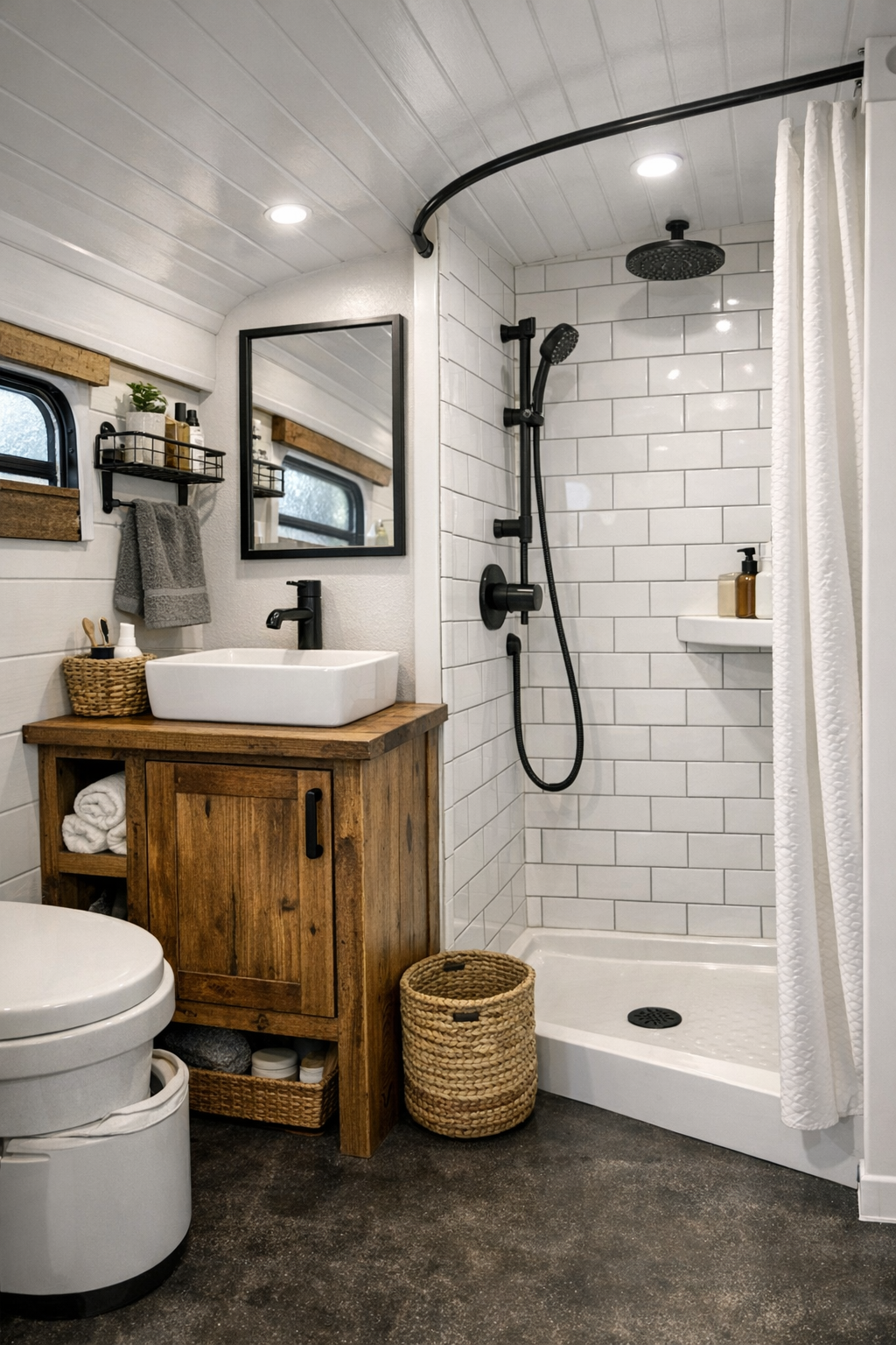Compact bathroom in a converted bus with wood vanity, white tile, and black fixtures