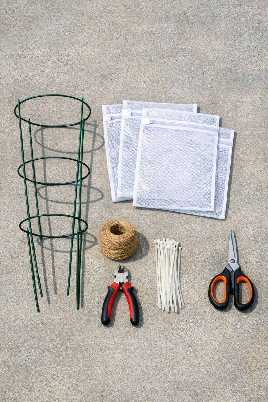 Materials for a tomato cage seed drying rack laid out on a concrete surface