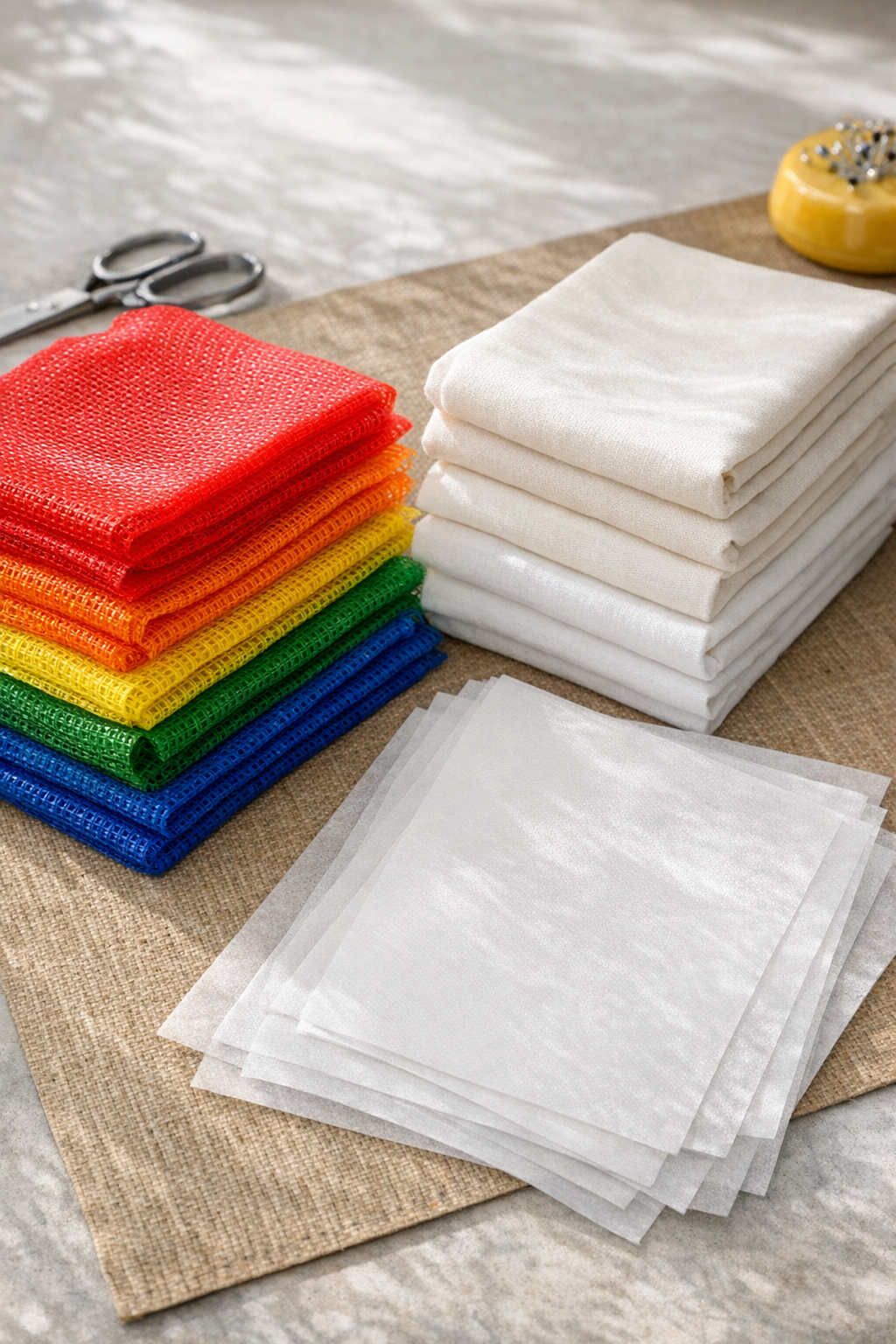 Plastic mesh fruit bags, cotton fabric, and fusible bonding sheets laid out for making patio cushions