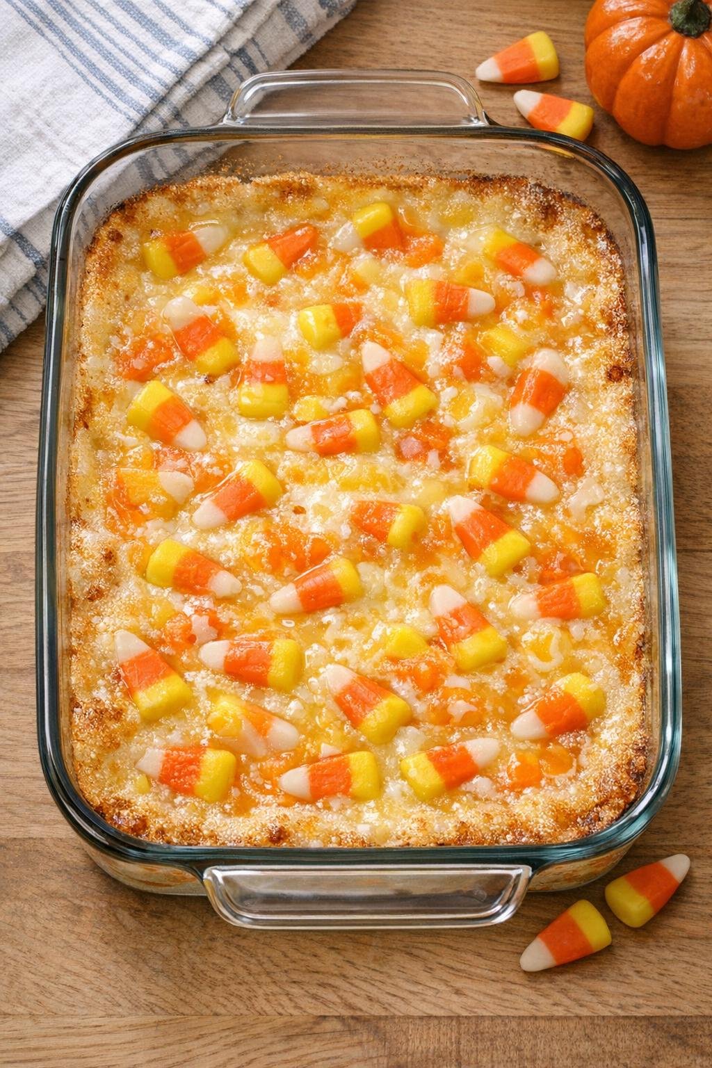 Finished baked candy corn dessert in glass baking dish