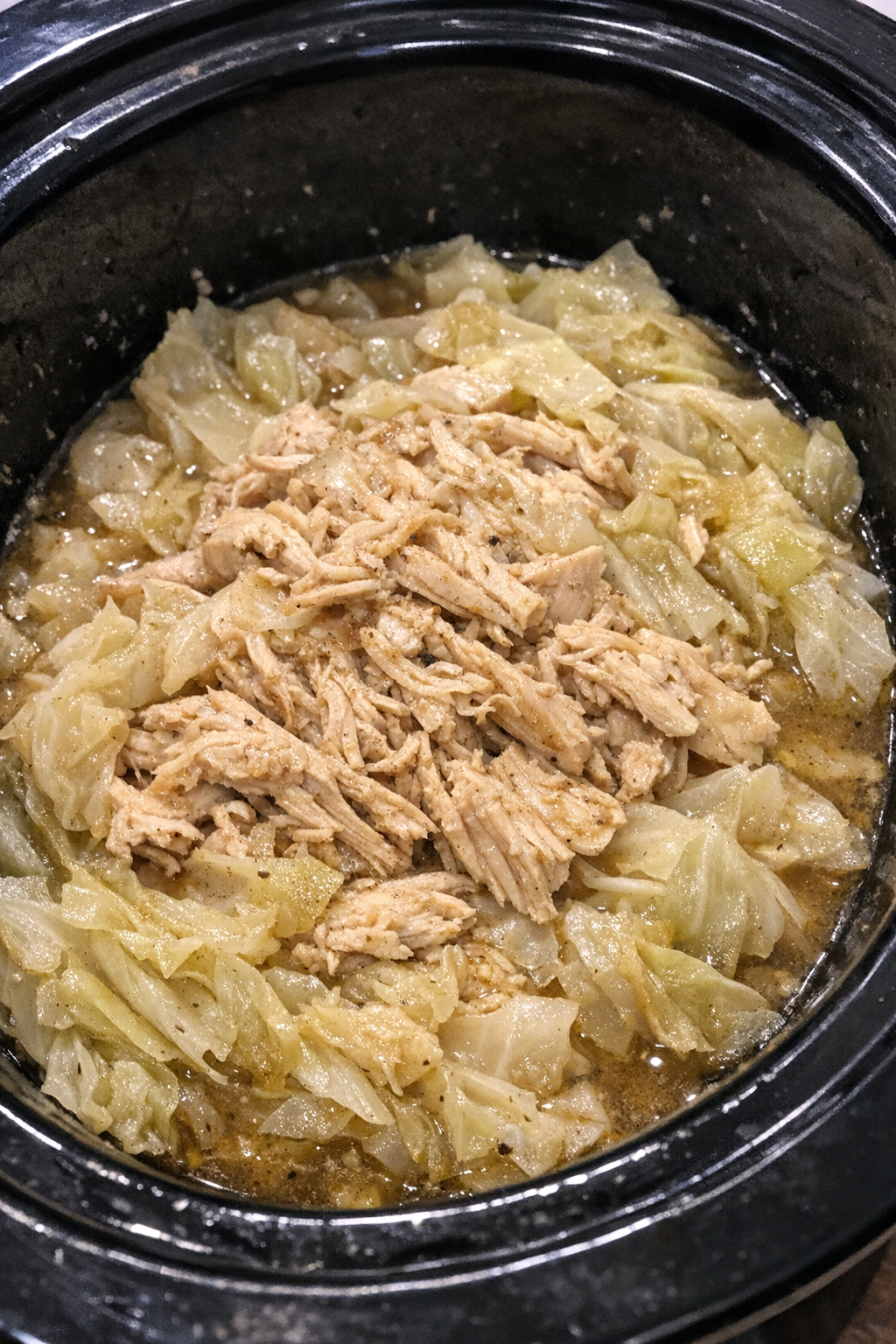 Slow cooker chicken and cabbage in a black slow cooker