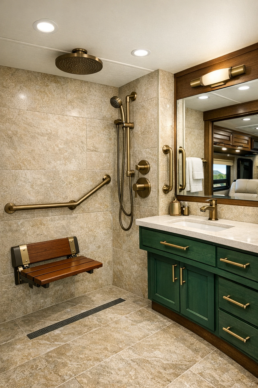 Accessible RV bathroom with sand stone-look walls, emerald vanity, and bronze fixtures