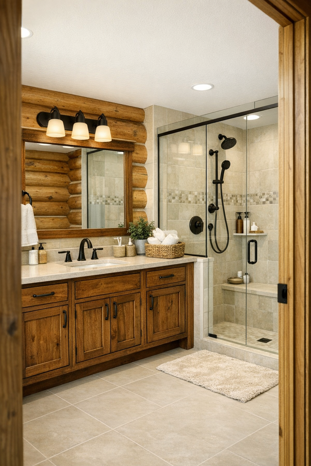 Rustic-modern bathroom with wood vanity, pale stone surfaces, and clean tilework