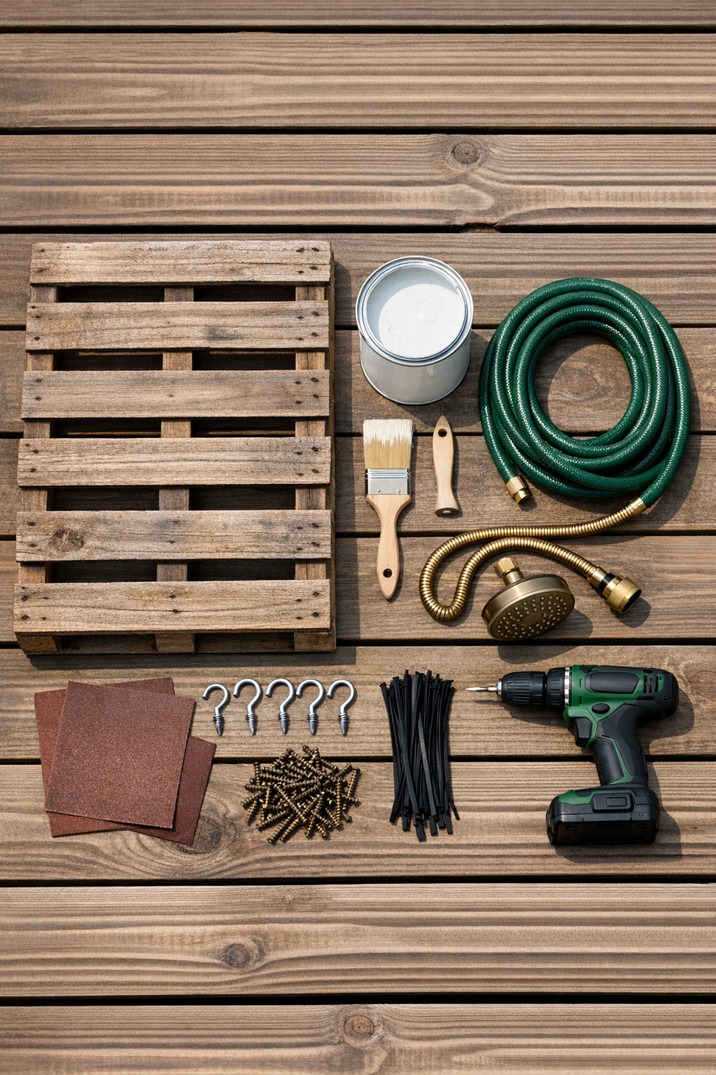 Materials for a pallet outdoor shower laid out neatly