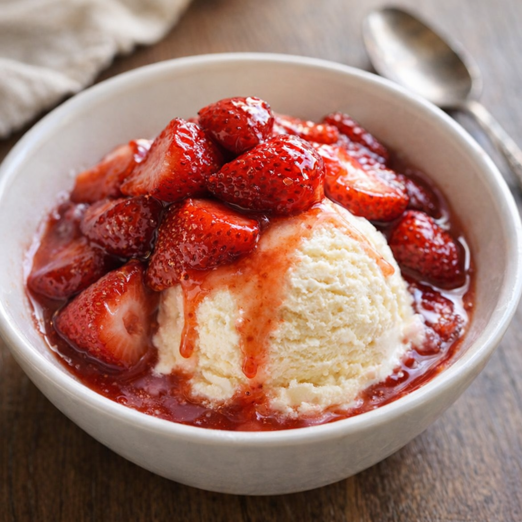 Warm strawberries spooned over vanilla ice cream