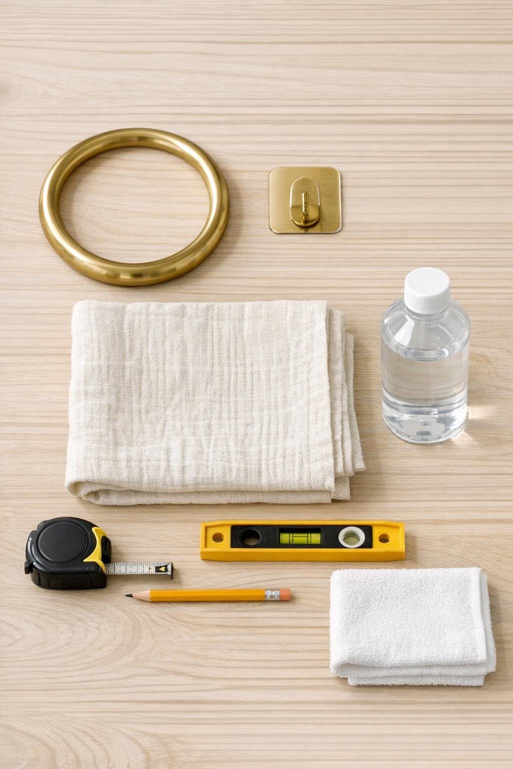Materials for a brass ring hand towel holder laid out neatly